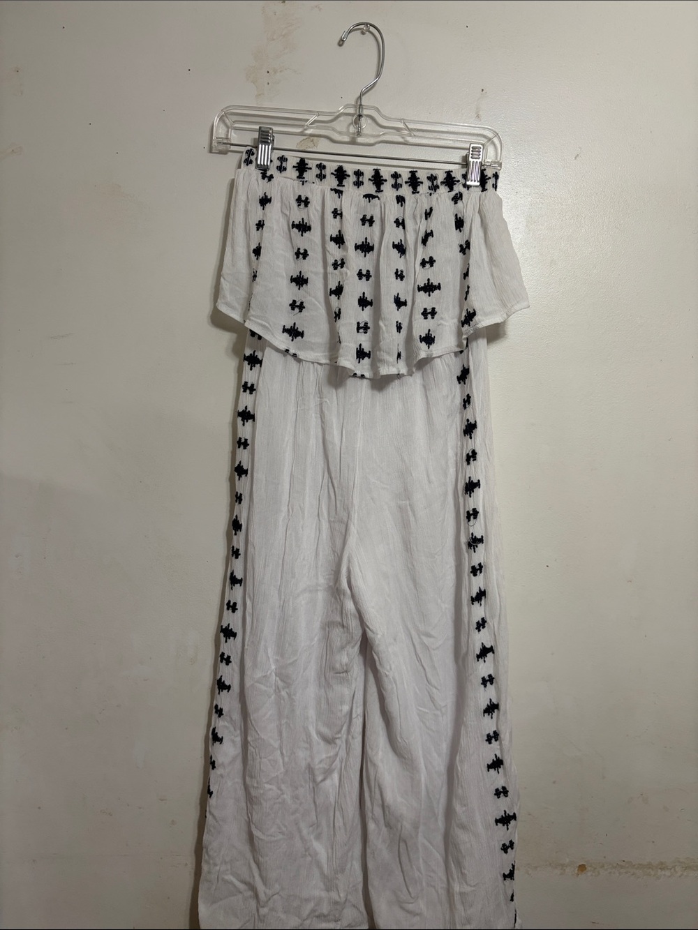 Sincerly Jules White Strapless Wide-Leg Jumpsuit with Black Embroidery